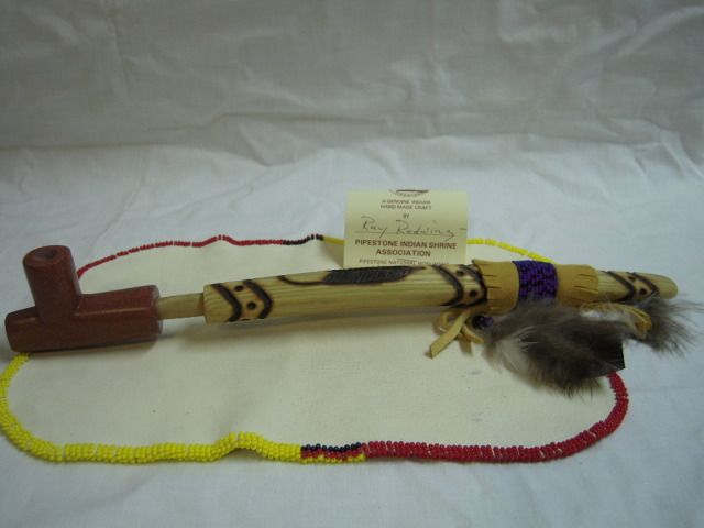 Plains Peace Pipe w Burnt Feather Stem Native American 