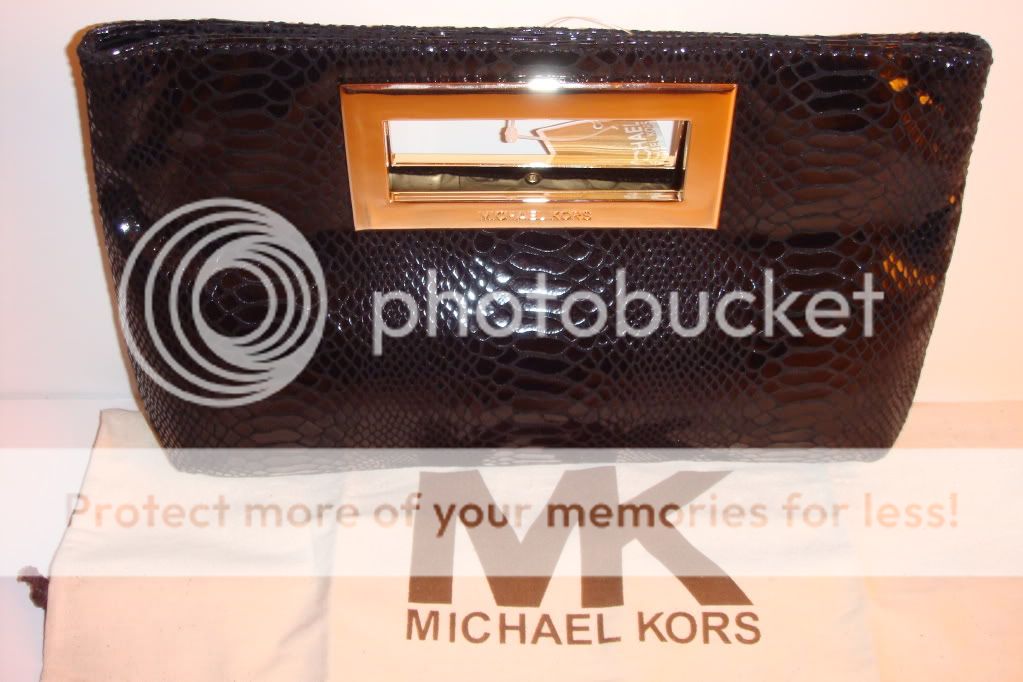 NEW MICHAEL KORS Berkley PYTHON BLACK Gold Leather Clutch + DUSTBAG $ 
